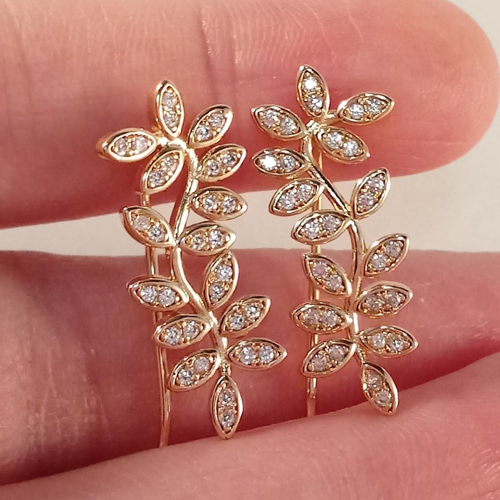 18K Yellow Gold Filled Diamond Zircon Leaf Branch Drop Earrings Gorgeous Gift